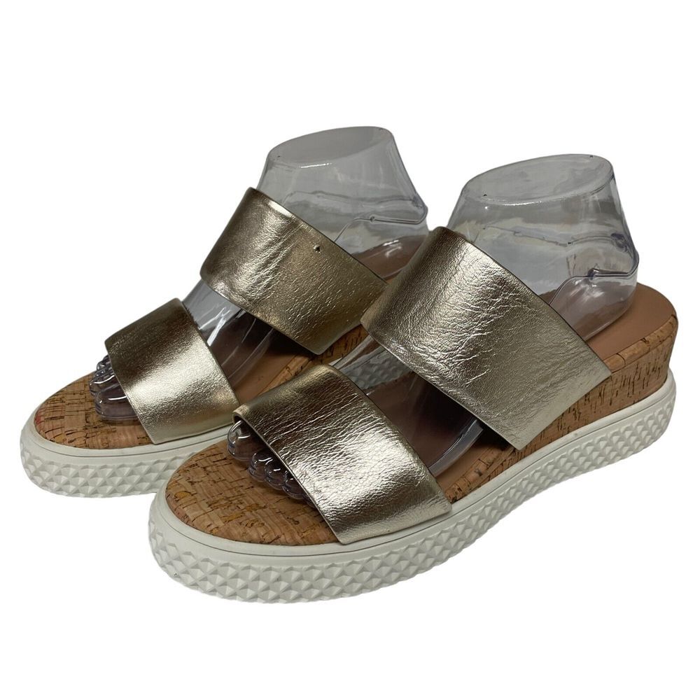 Aerosoles Zeff Womens Gold‎ Strappy Chunky Slides Leather Wedge Cork Size 10M - Picture 3 of 15
